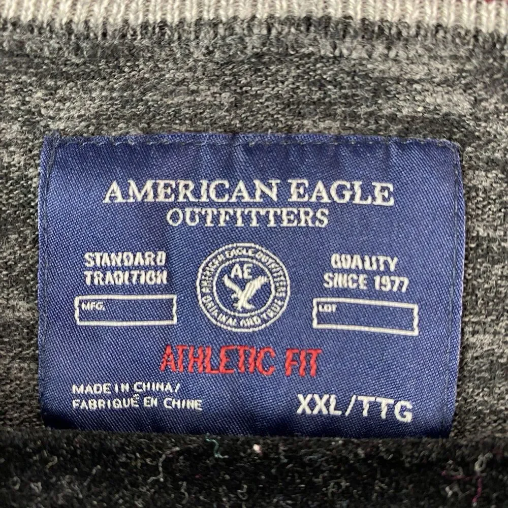 American Eagle Mens XXL Gray V-Neck Sweater Cotton Blend Knit Pullover Logo Eagl